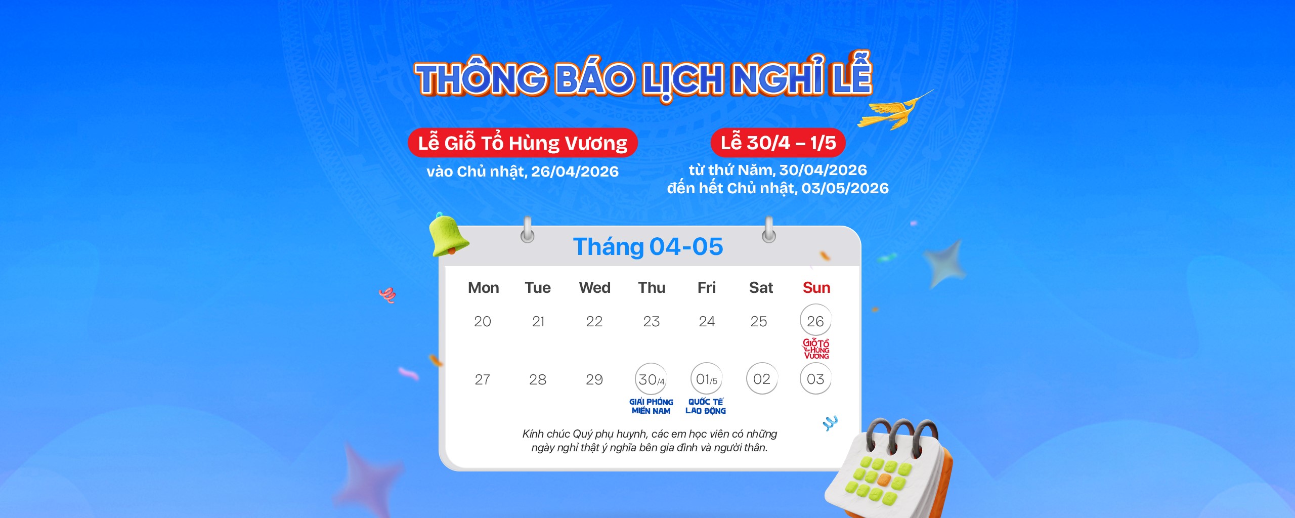 thông báo lịch nghỉ lễ giỗ tổ và 30-4