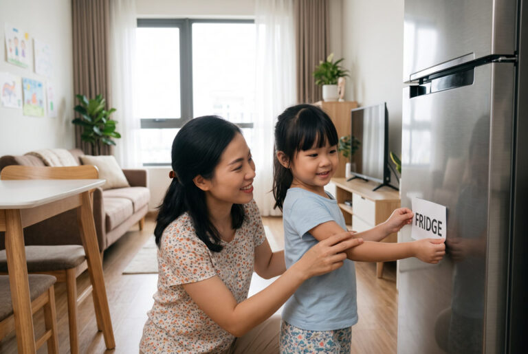 Dán nhãn tên lên các đồ vật quen thuộc trong nhà