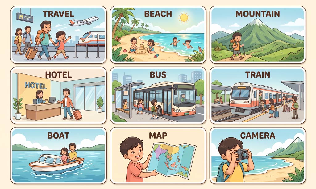 Từ vựng tiếng Anh tiểu học chủ đề du lịch và phương tiện